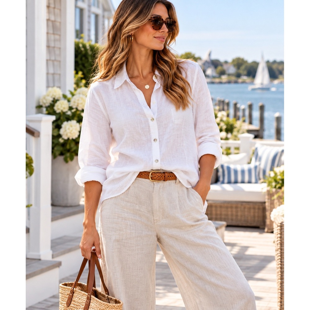 Hamptons Coastal 100% Linen White Button Down Shirt Quiet Luxury Minimalist Sz M